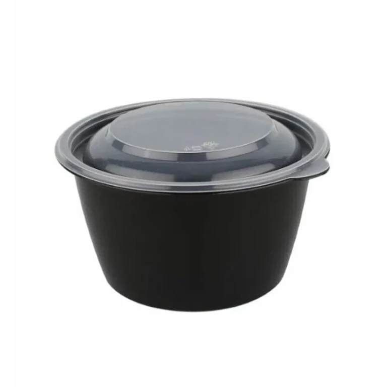 ერთჯერადი შავი მრგვალი პლასტმასის კონტეინერი თავსახურით, 1000 მლ