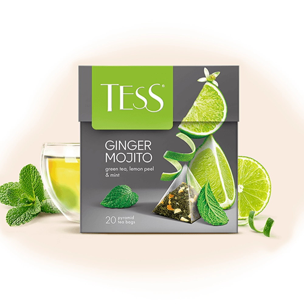 მწვანე ჩაი ლიმონის ცედრით და პიტნით Ginger Mojito პირამიდებში 20ც