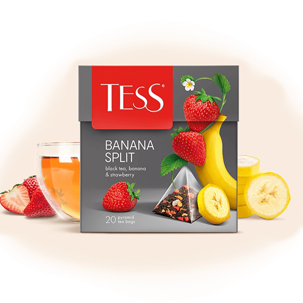 შავი ჩაი ბანანით და მარწყვით Banana Split პირამიდებში 20ც