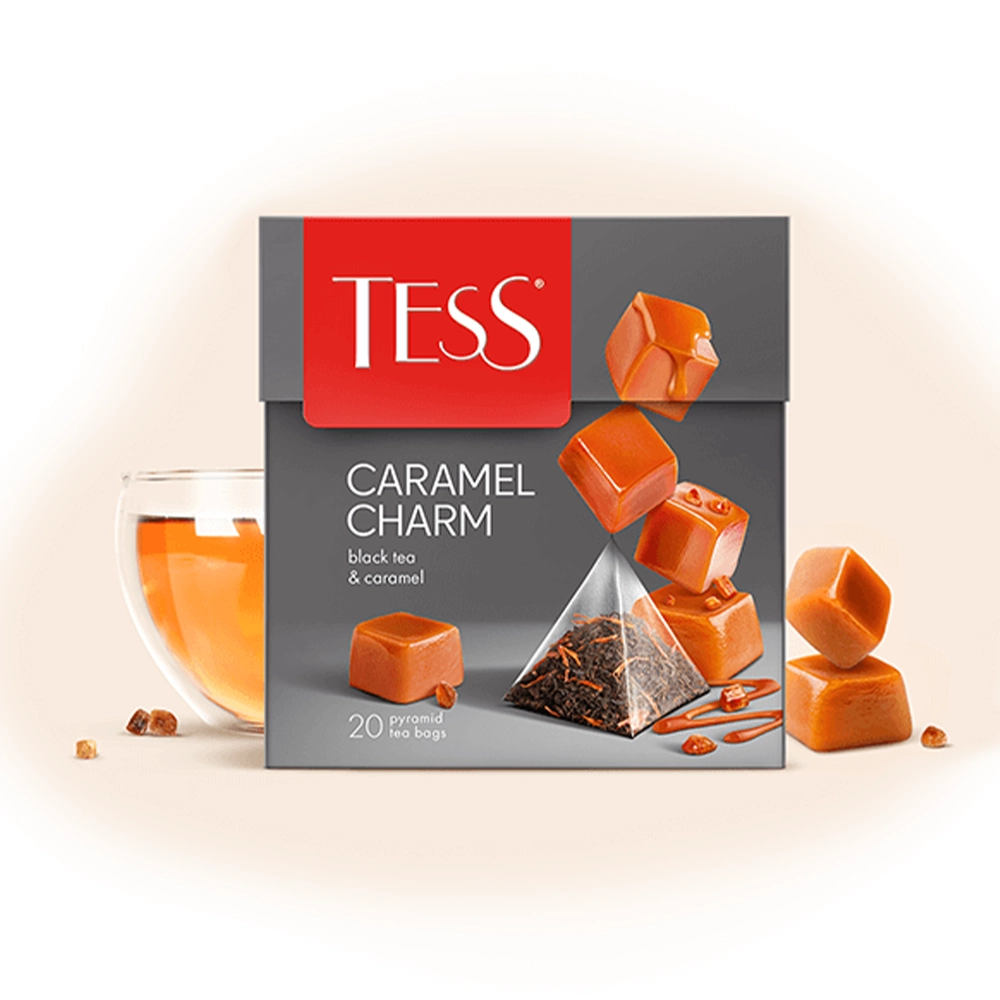 შავი ჩაი კარამელის ნაჭრებით და არომატით Caramel Charm პირამიდებში 20ც