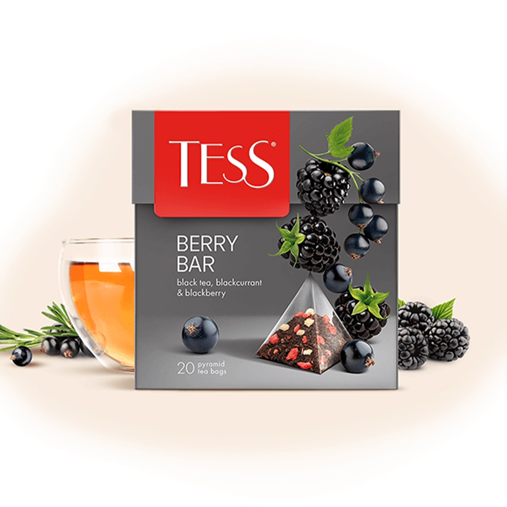 შავი ჩაი მაყვლით და შავი მოცხარის არომატით Berry Bar პირამიდებში 20ც