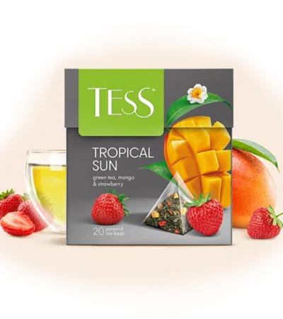 ჩაი მწვანე მანგოს და მარწყვის მცენარეული კომპონენტებით Tropical Sun პირამიდებში 20ც